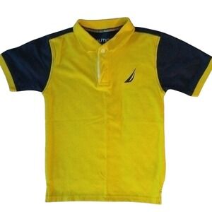 Nautica Kids Short‎ Sleeve Yellow Blue Color Block Polo Shirt Logo Size 6/7